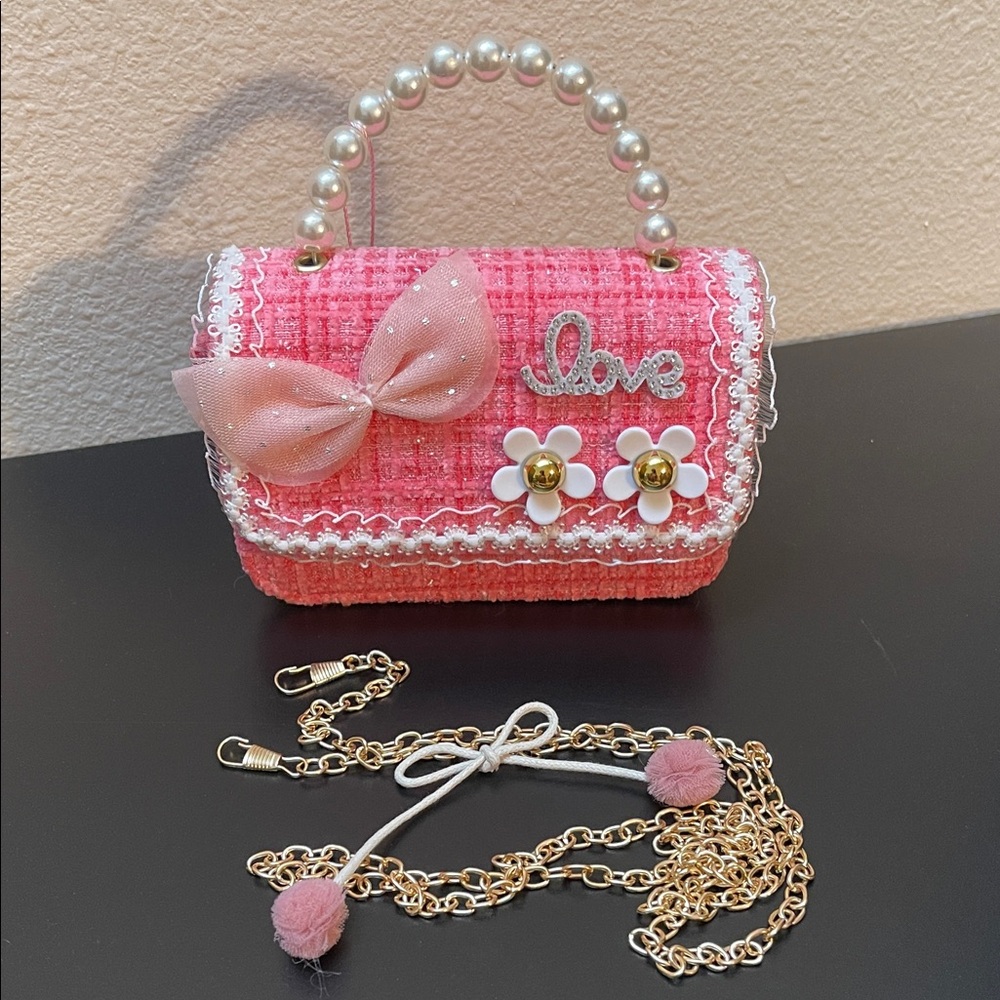 NWT Girl’s Pink Tweed Handbag w/Faux Pearl Handle & Chain Crossbody